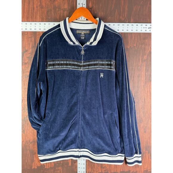 Stacy Adams Velour Track Suit Jacket + Pants Blue Silver Vintage Y2K Mens Large‎ - Picture 2 of 12